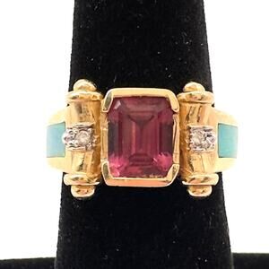 Pink Tourmaline ~1.3 ct and Opal Inlay Ring 14K Gold w Accent Diamonds Marked BO